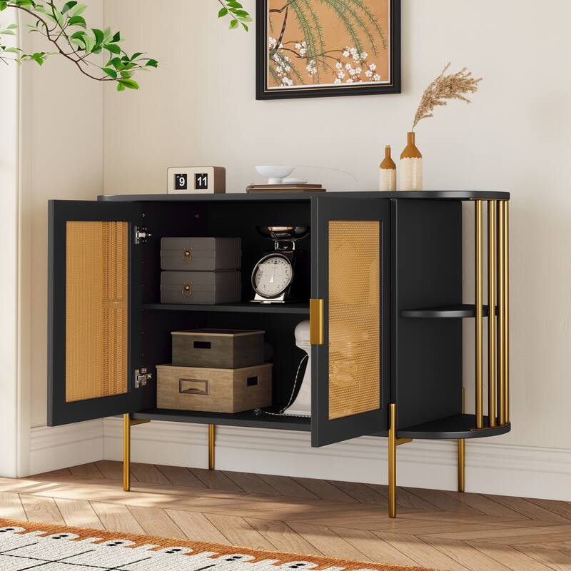 Curved Black Sideboard with Woven Rattan Doors and Open Storage