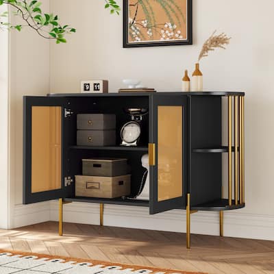 Elegant Curved Dining Cabinet with Gold Trim and Woven Rattan Doors