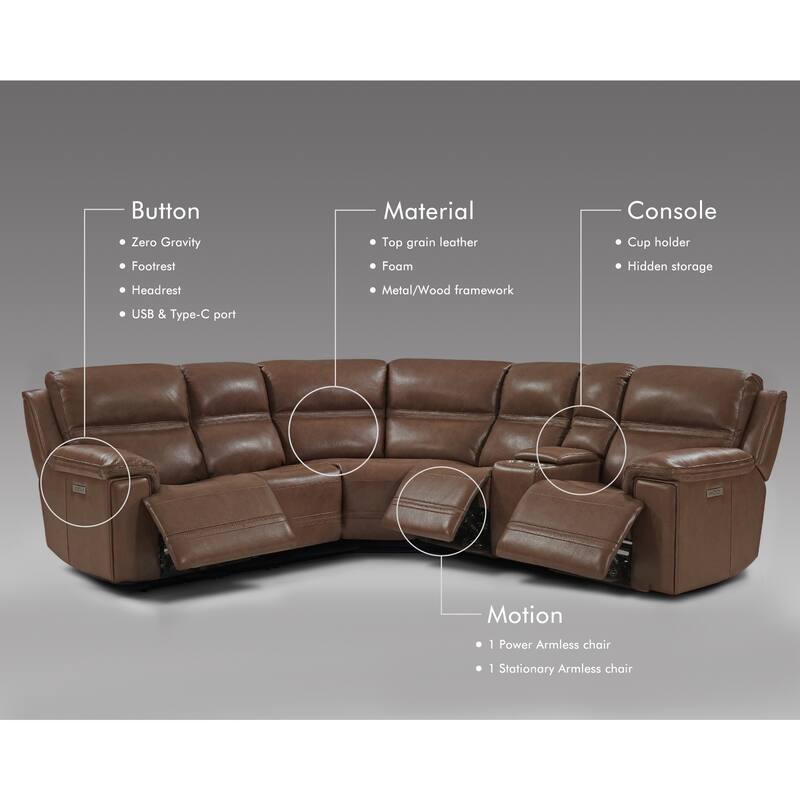 6PCS, 3 power Recliners, Dual-Power Genuine Leather Reclining Sectional with USB&Type-C Ports - LightBrown