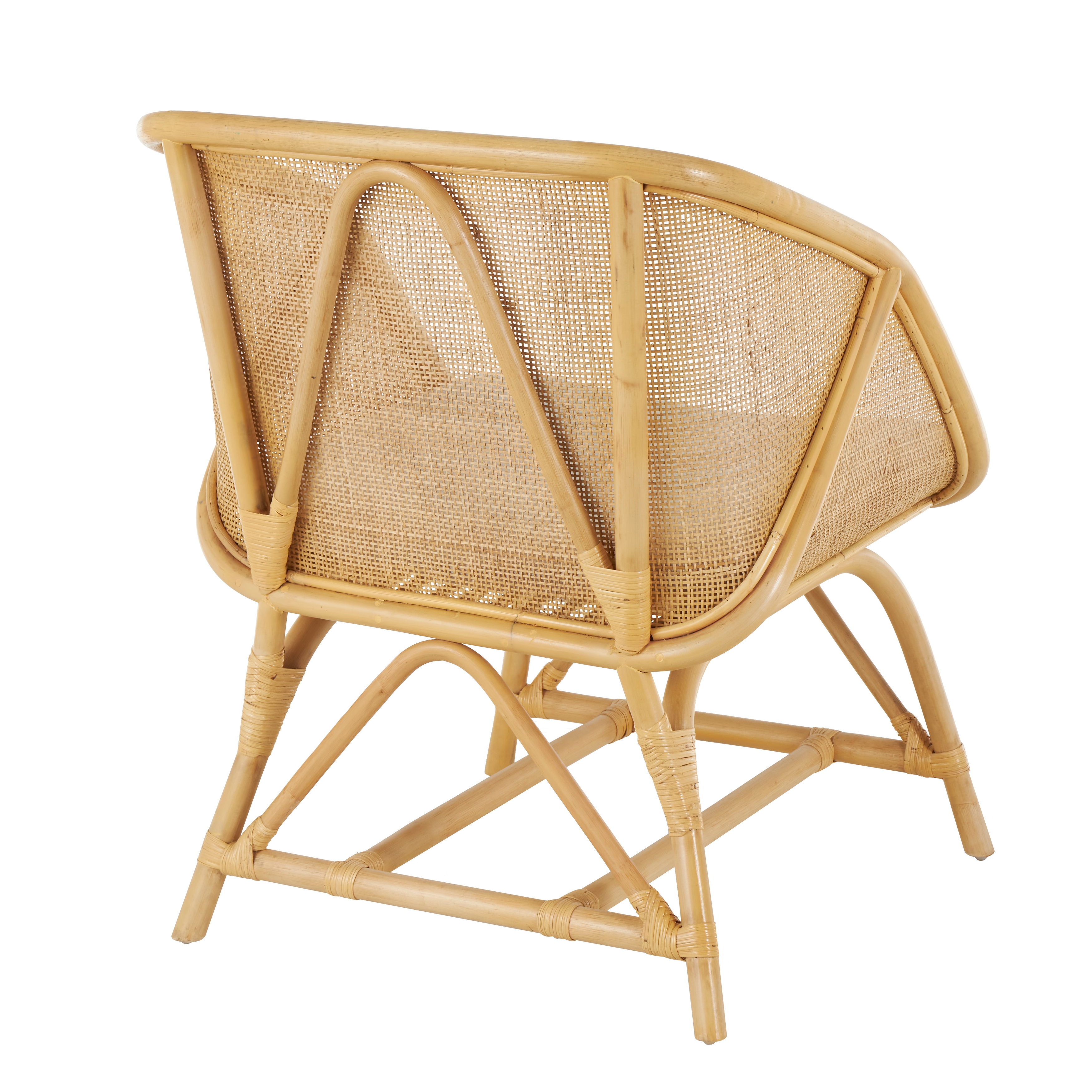 Light Brown Rattan Woven Squared Living Room Accent Chair with White Fabric Cushion