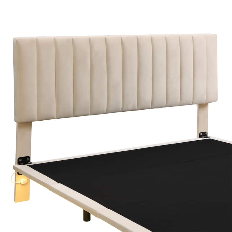 Beige Velvet Queen Bed with Sensor Light & Floating Design