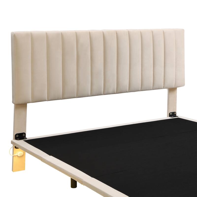 Queen Upholstered Velvet Bed with Sensor Light and Floating Frame - Modern Platform Bed with Headboard, No Box Spring Required