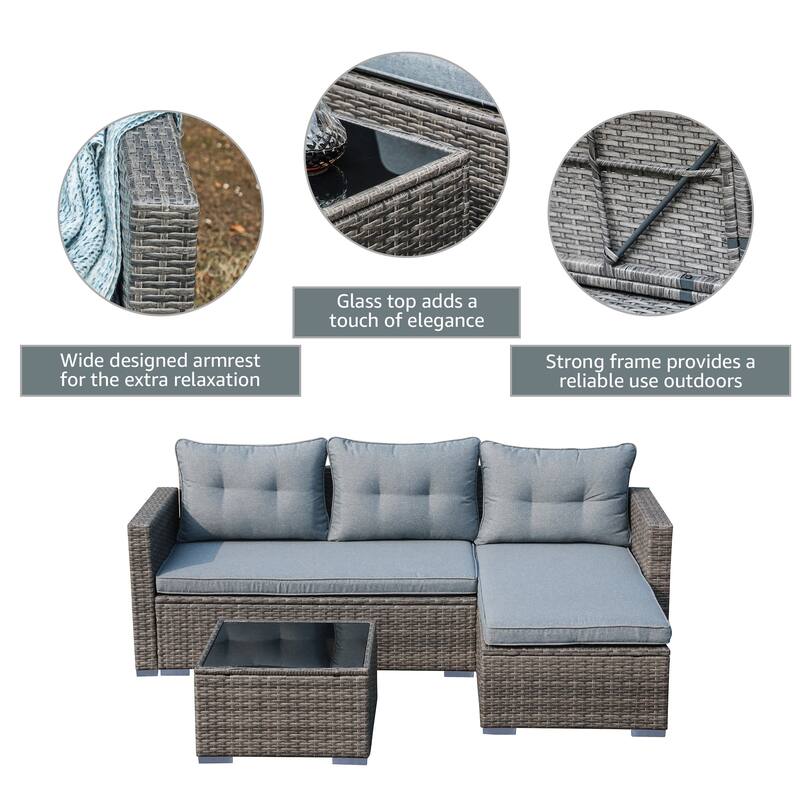 Outdoor Cushioned Wicker 3-piece Sectional Set
