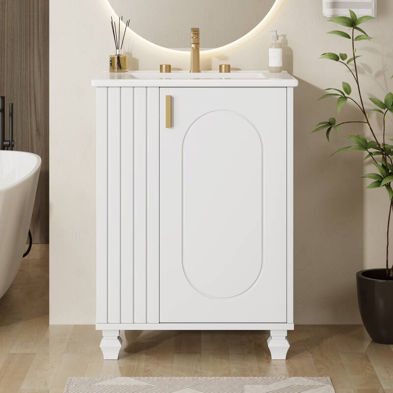 Anmytek 24 Inch Bathroom Vanity Cabinet with Sink Side Open Storage Door Shelf Solid Wood Frame Soft Closing Door White