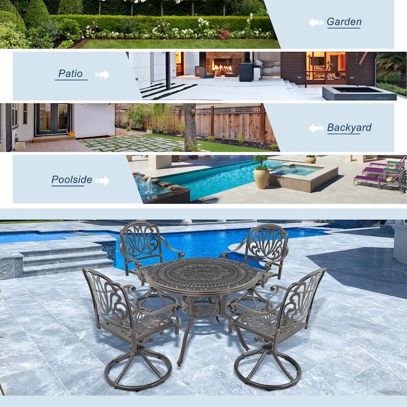 5-Piece Cast Aluminum Patio Dining Set with 4 Swivel Chairs