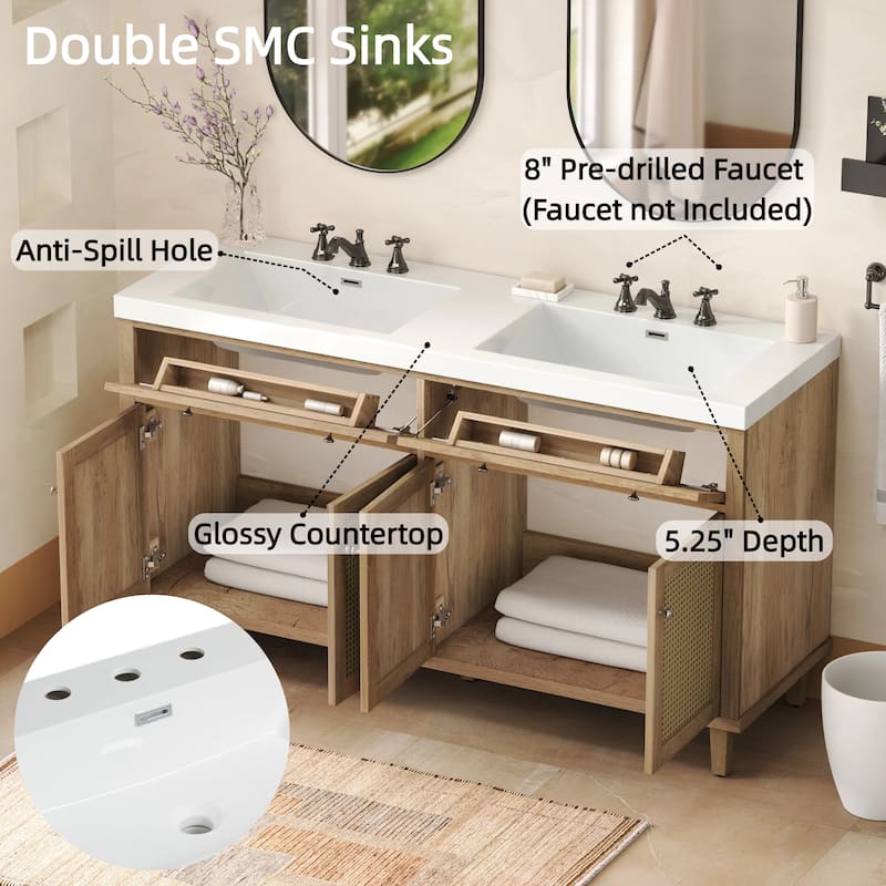 60" Double Sink Bathroom Vanity with SMC Integrated Top, Soft Close Doors, Tip-Out Trays and Rattan Front Cabinets