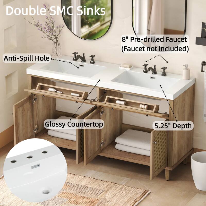 60 Inch Bathroom Vanity with Double Sink, Large Storage Space with 2 Tip-Out Trays / Flip-Out Drawers