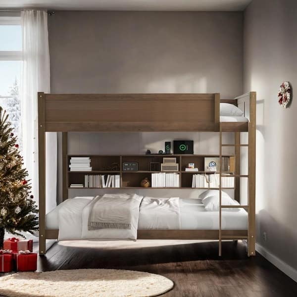 slide 2 of 7, Stylish & Simple Queen over Queen Bunk Bed with Storage Cabinets, 2 Standard Plug Outlets & 2 USB Ports, Antique Wood Antique Wood