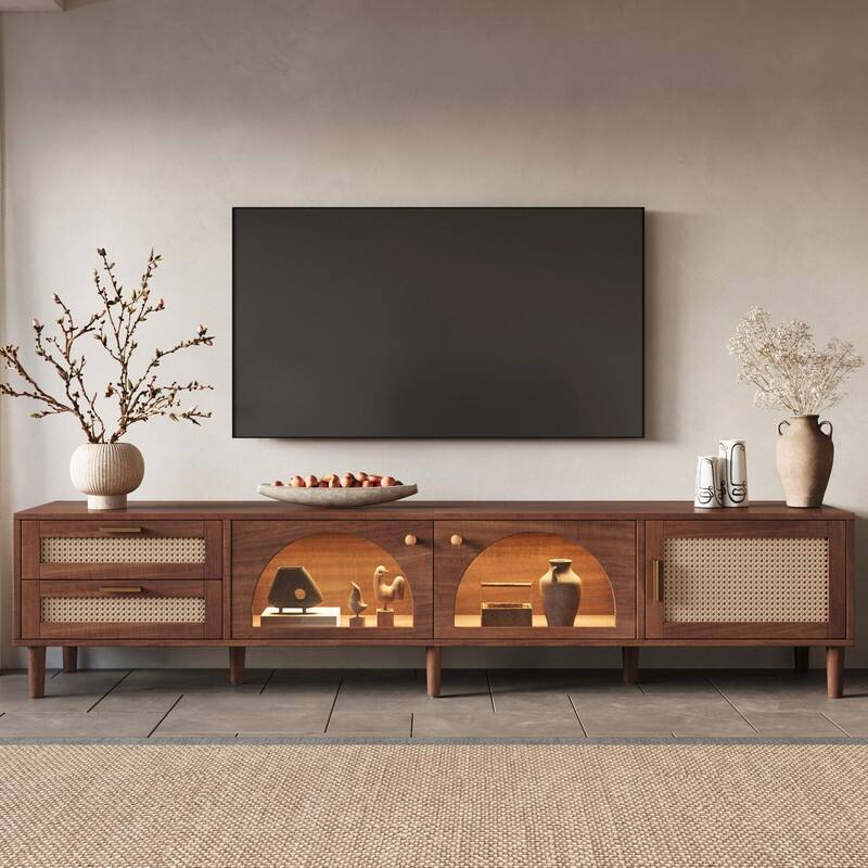 86" TV Stand for TVs up to 90", Entertainment Center with App-Controlled LED Lights, 2 Drawers & Glass Door Storage