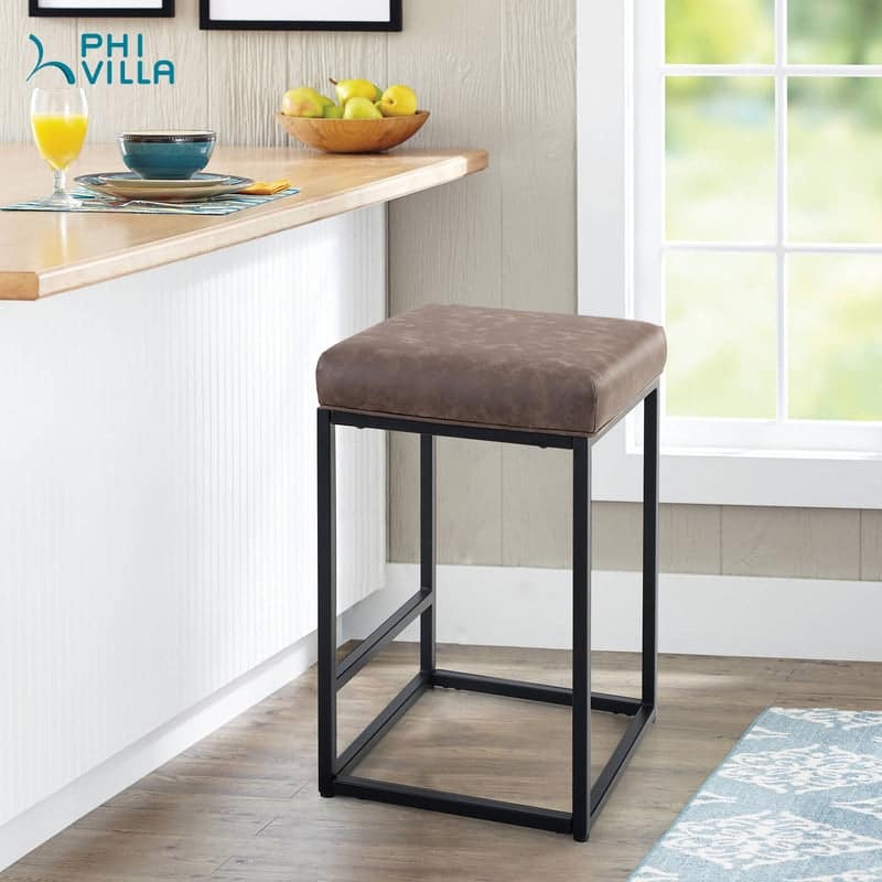 PHI VILLA 24'' Square PU Leather Bar Stool with Sturdy Metal Frame, Set of 2