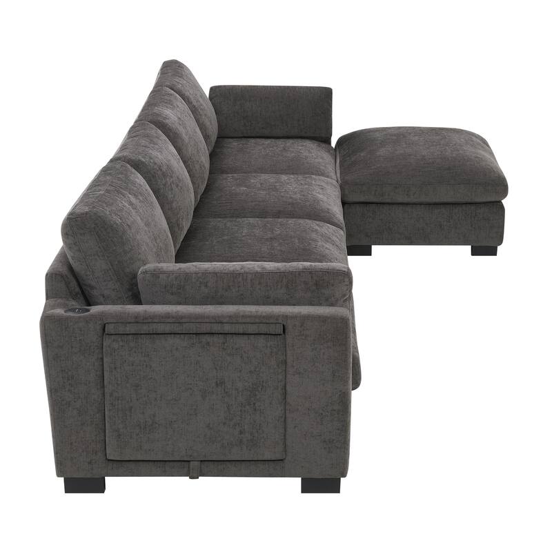 L-Shape Sectional Sofa with Folding Table, Dual-Port Charging, Side Pockets, 2 Pillows, Movable Ottoman, Chenille Modular Sofa