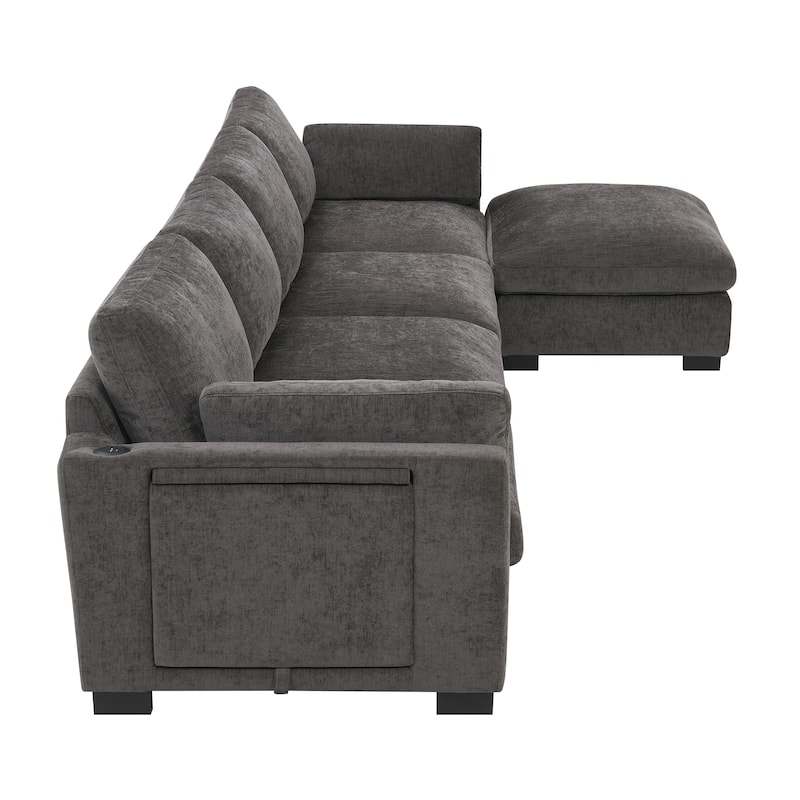 Roomfitters 130" Modular Sectional Sofa, L-Shaped Couch with Folding Table, USB Charger, Storage Pockets, Movable Ottoman