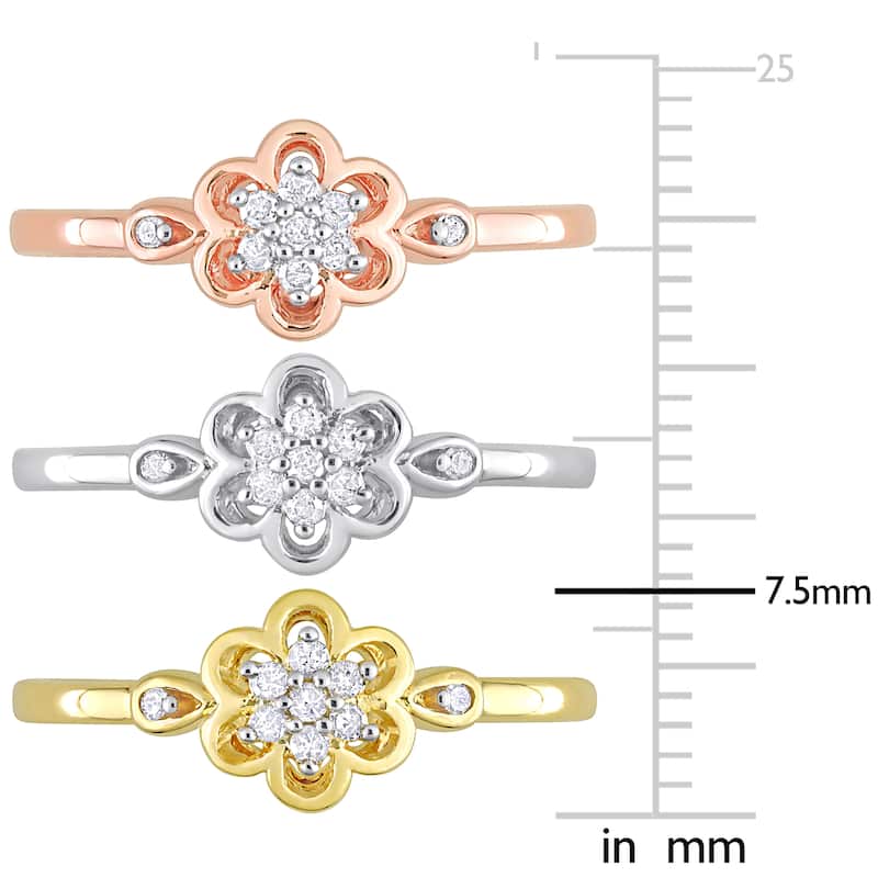 Miadora 1/4ct TW Diamond Flower Rings 3-Piece Set 3-Tone Yellow Rose White Sterling Silver