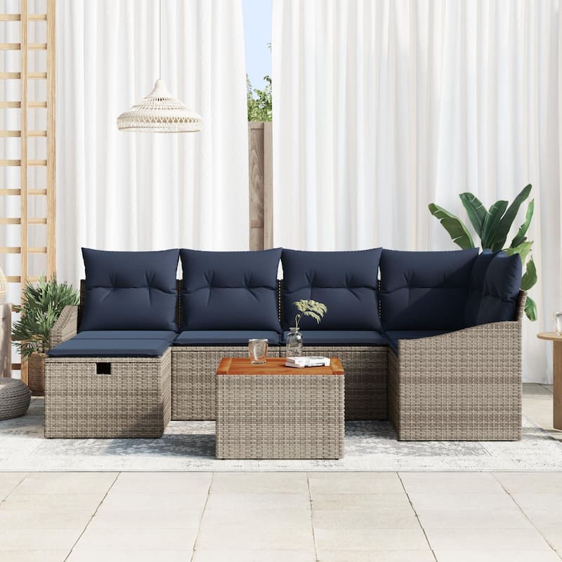 vidaXL 7 Garden Sofa Set with Cushions Black/Grey Poly Rattan - 91.9 x 48.6 x 27.2