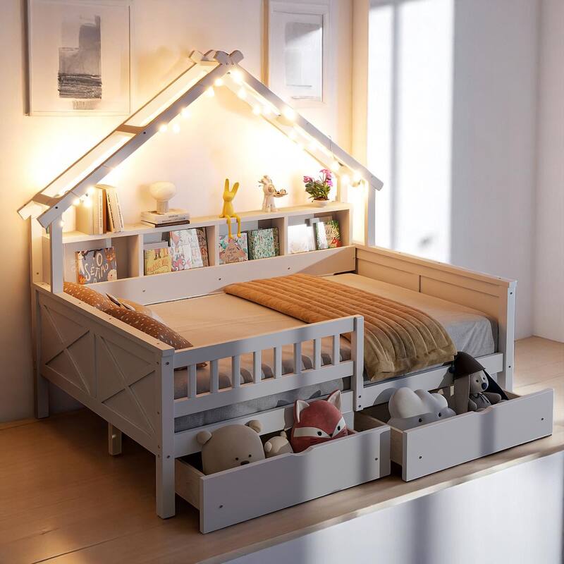 Full House Platform Bed Frame with LED, 2 Drawers, Shelves, Pine Wood & MDF Construction