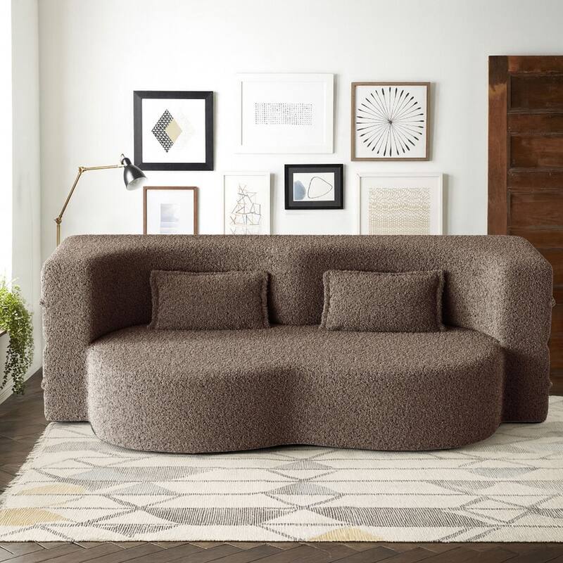 Modern Minimalist Compressed Upholstered Convertible Two-Seater Sofa Bed with 2 Pillows - Brown Teddy