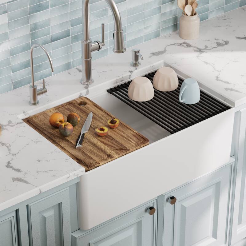 Karran 30" Single Bowl Workstation Fireclay Kitchen Sink with Reversible Fluted Apron Front