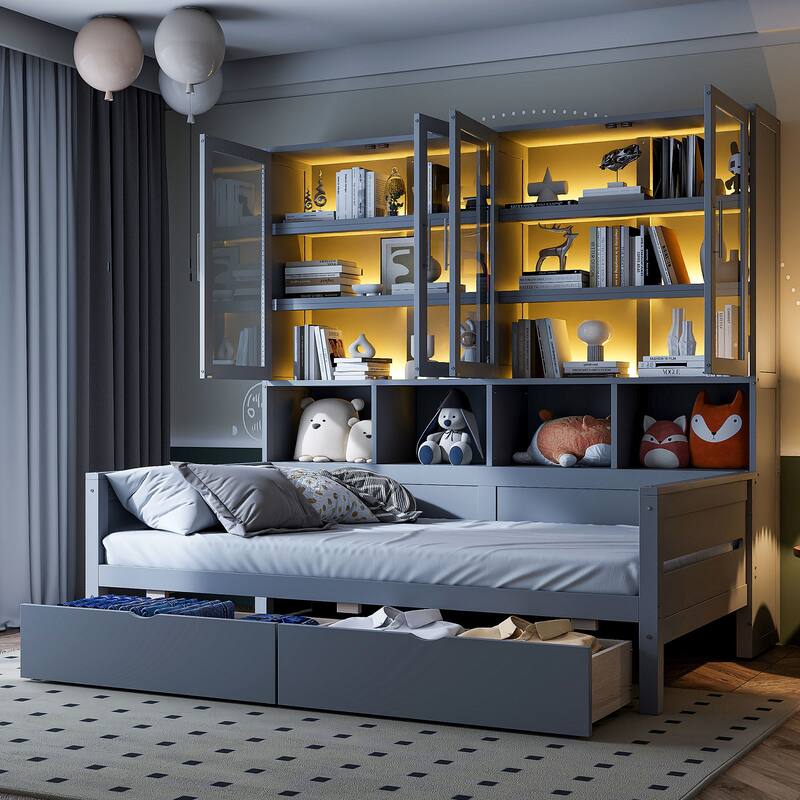 Twin Size Wooden Daybed with Glass-Door Storage Cabinets, Built-in LED Lighting and Shelves Bedrooms Compact Daybed