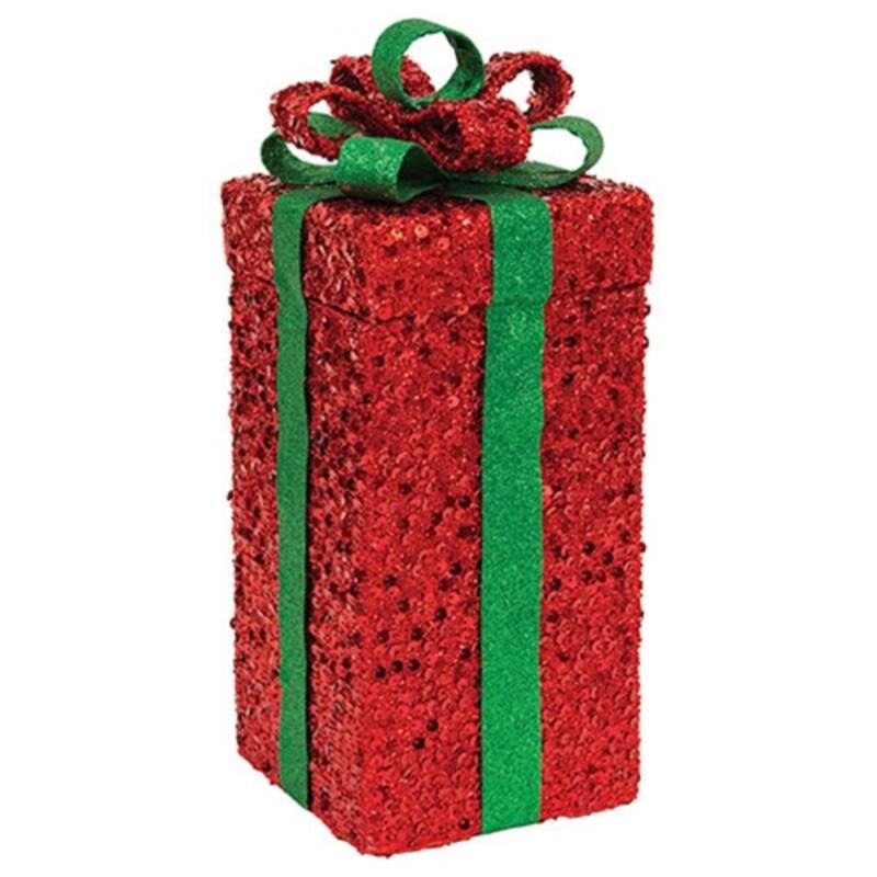 Red Glittered Gift Box Christmas Decor with Sequined Finish and Green Ribbon Bow Lightweight Wire Frame