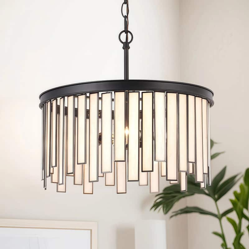 Tifany Modern 3-Light Drum Chandelier with Black White Glass for Kitchen Island Foyer - D16"* H15"