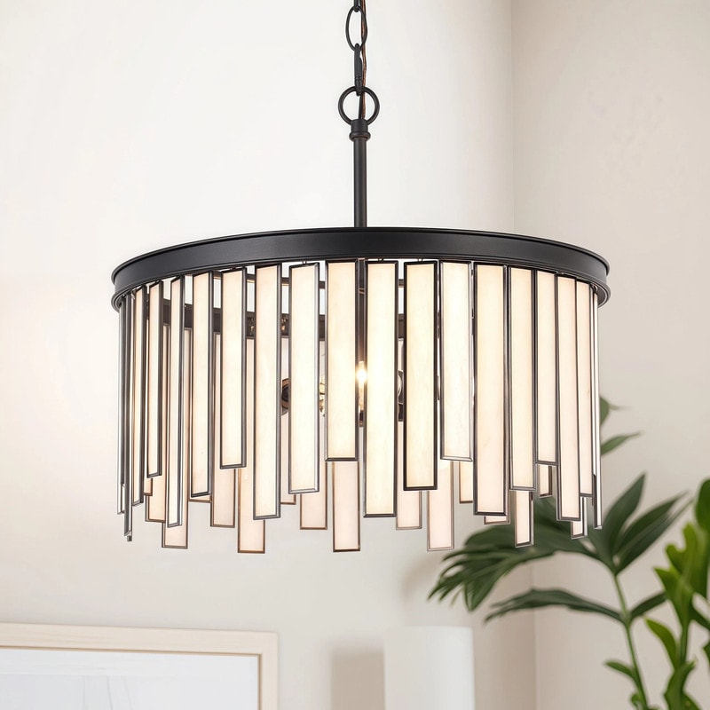 Tifany Modern 3-Light Drum Chandelier with Black White Glass for Kitchen Island Foyer - 16'' Dia. x 15'' H
