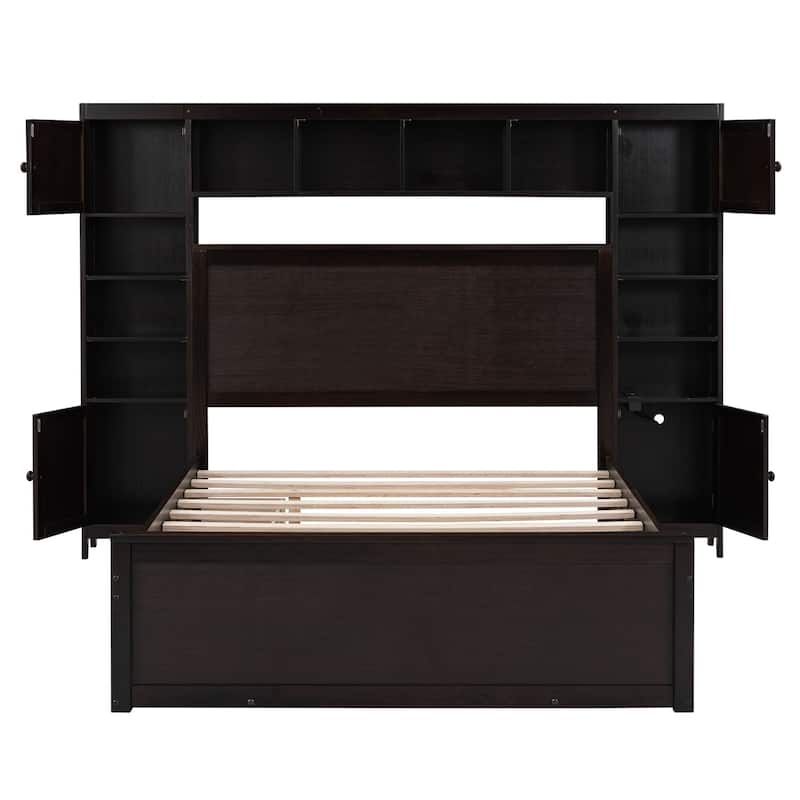 Merax Modern Wooden Bed With All-in-One Cabinet, Shelf and Sockets
