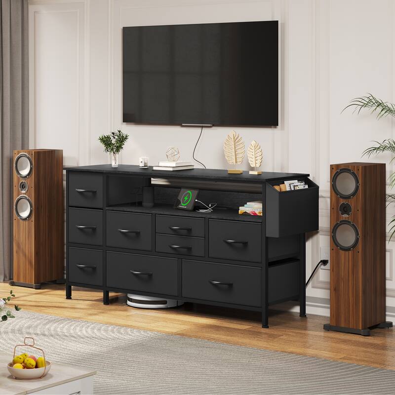 Moasis 50"W 9-drawer Fabric Dresser, Media Console, TV Stand with Outlets, RGB Lights