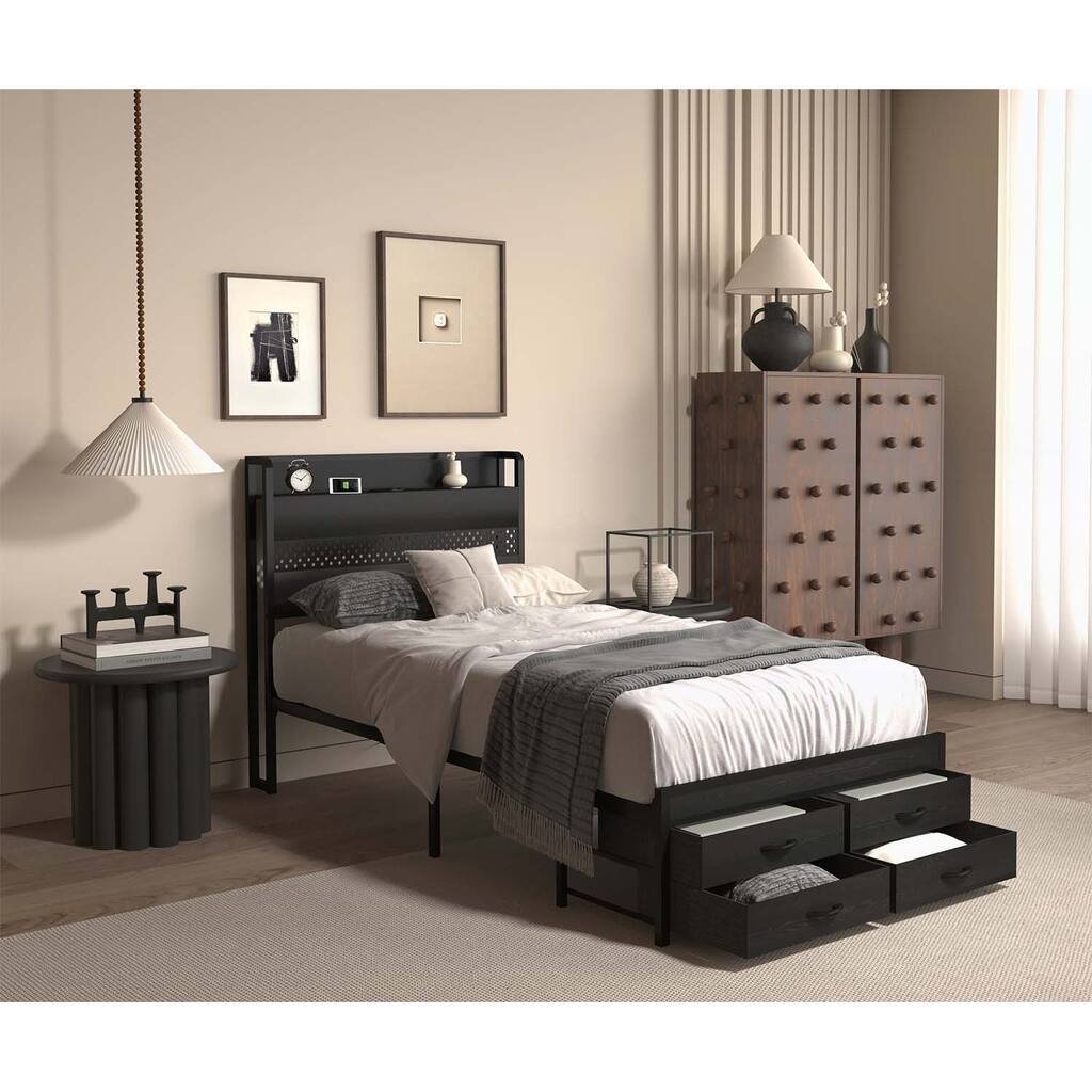 Twin Metal Bed with Multiple Functionalities for Enhanced Bedroom Experience
