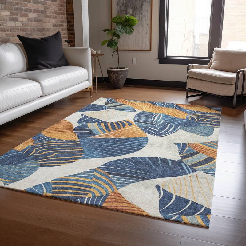 Machine Washable Indoor/Outdoor Coastal Palm Leave Chantille Rug