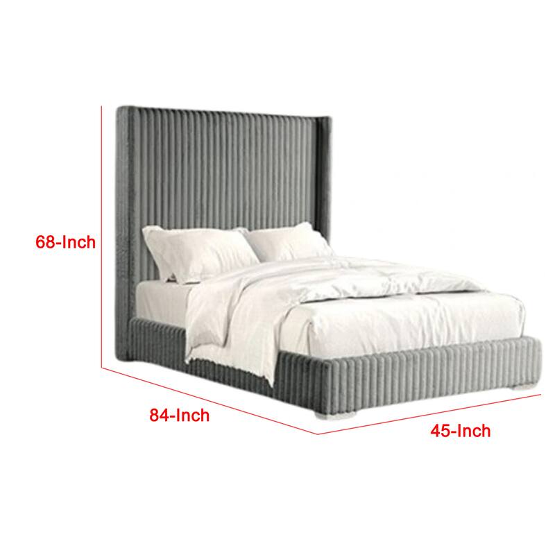 Wolo Twin Bed, Gray Fur Chenille Ribbed Upholstery, Wing Headboard