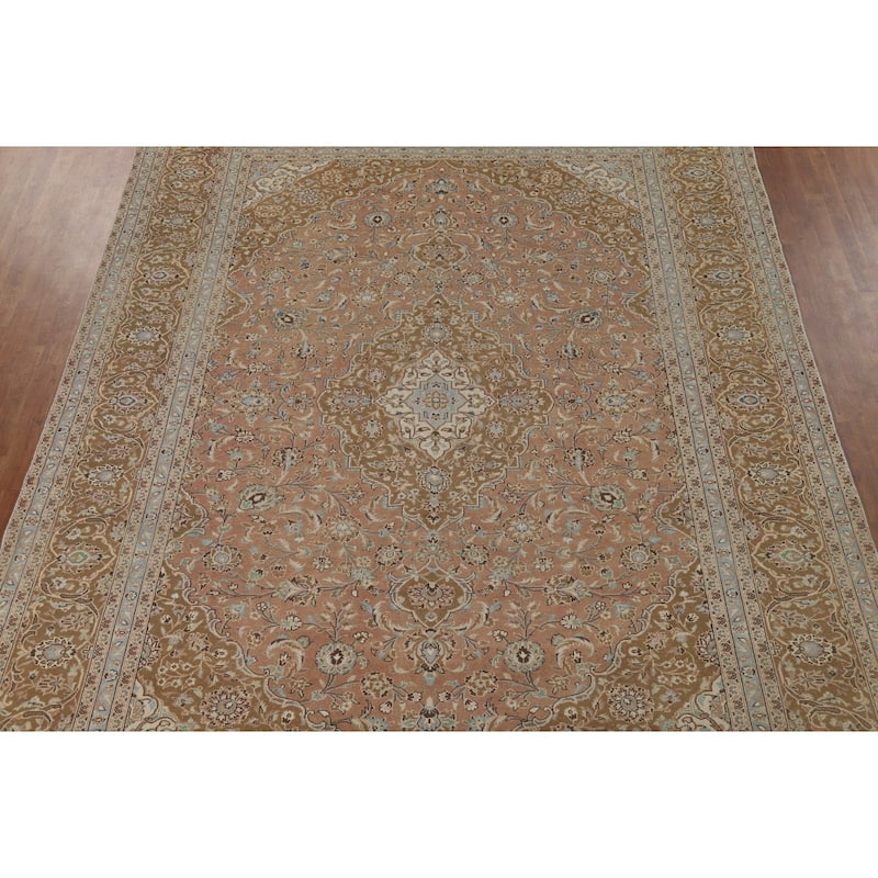 Traditional Kashan Vintage Persian Rug Hand-Knotted Pink Wool Carpet - 9'6" x 13'0"