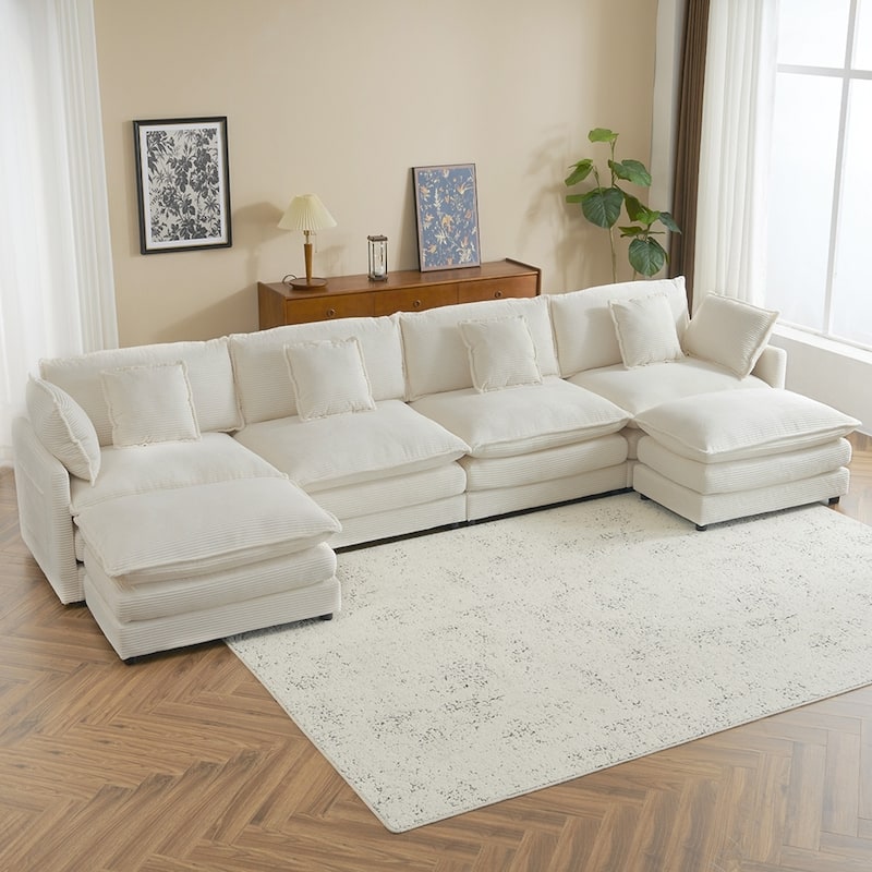 149.6" Corduroy Modular Sofa, L-Shape Sectional with Storage Pockets - Beige