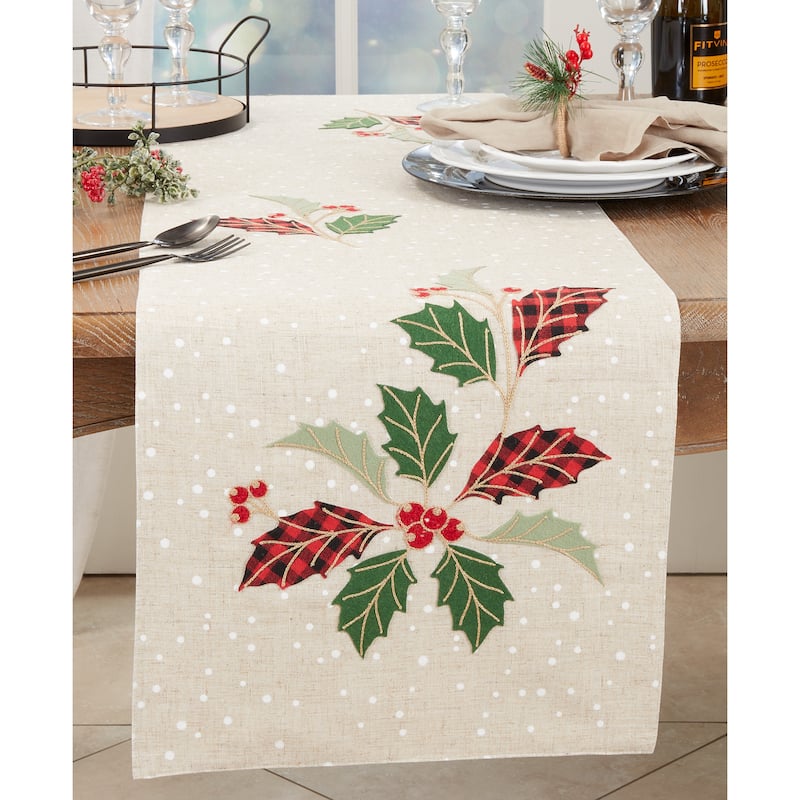 Winter Forest Buffalo Plaid Holly Leaves Table Runner - 16"x70"