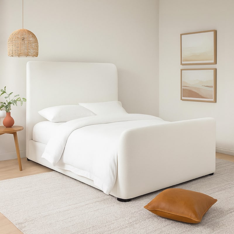 Zuo Contemporary Queen Size Bed, Contoured Tall White Padded Upholstery