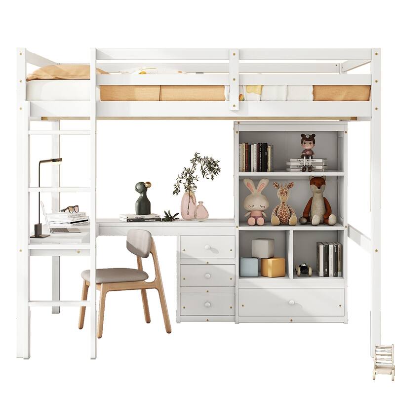 Full Size Loft Wood Bed with Desk, Storage Shelves, Drawers, and Built-in Ladder, White