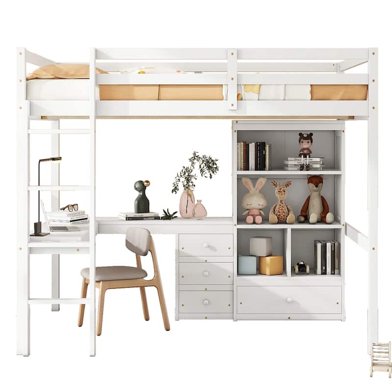White Full Size Wood Loft Bed with Desk and Storage