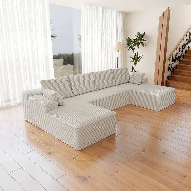 Roomfitters 131.9" Modular Sectional Sofa, 4-Piece Compressed Cloud Couch, No Assembly Required, Plush Corduroy, White