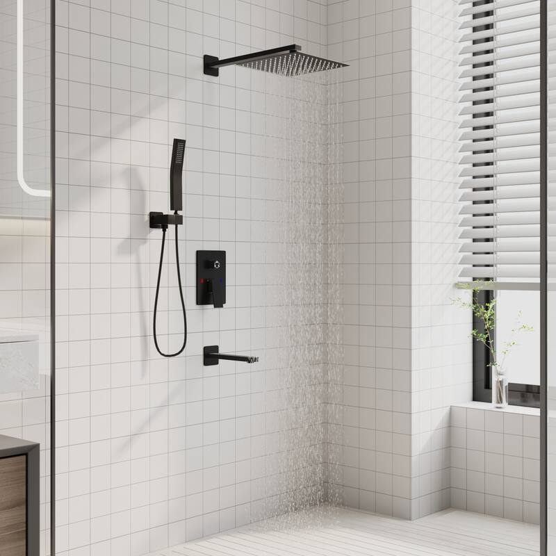 Matte Black Concealed Shower System with 9.7” Rainfall Shower Head, Handheld Shower & Tub Spout
