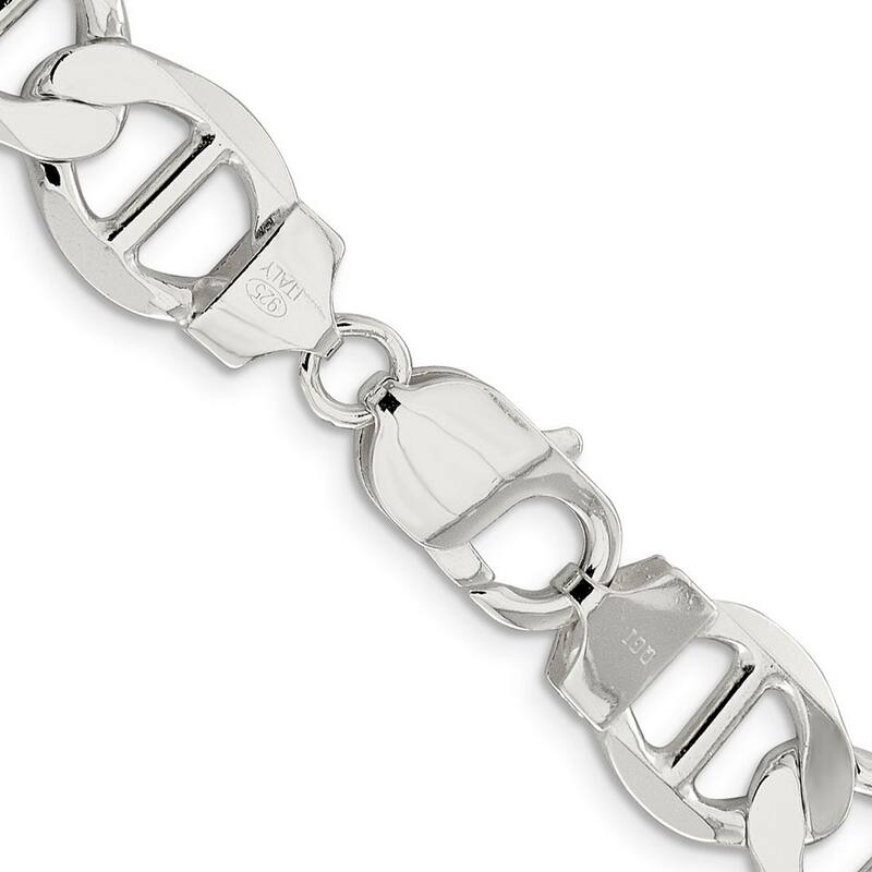 Curata 925 Sterling Silver 12.3mm Semi solid Flat Mariner Anchor Chain Necklace