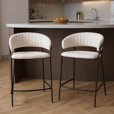 HomeRoots Set of Two 26" Cream and Black Faux Shearling and Steel Low Back Counter Height Bar Chairs