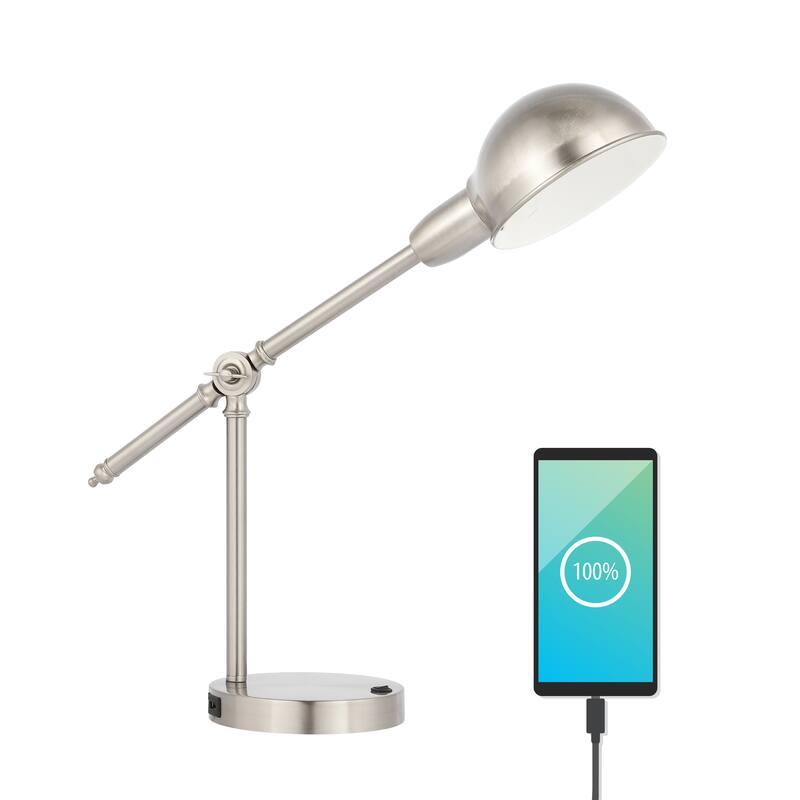 Allegra 20.25" Vintage Industrial Iron Adjustable Dome Shade LED Task Lamp with USB Charging Port, by JONATHAN Y