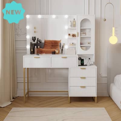 Makeup Vanity Desk with LED Lighted Mirror, USB, Power Outlets, 5 Drawers, 3 Shelves