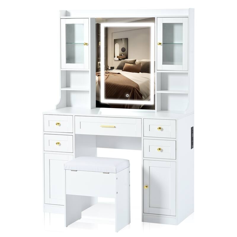 41.4" Makeup Vanity Desk with Mirror and Lights, Makeup Table with 5 Drawers and 4 Cabinets, Dressing Table