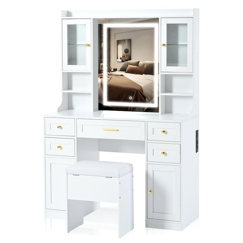 Roomfitters 41.4-Inch Makeup Vanity Desk with Mirror and Lights, Dressing Table with Charging Station, White