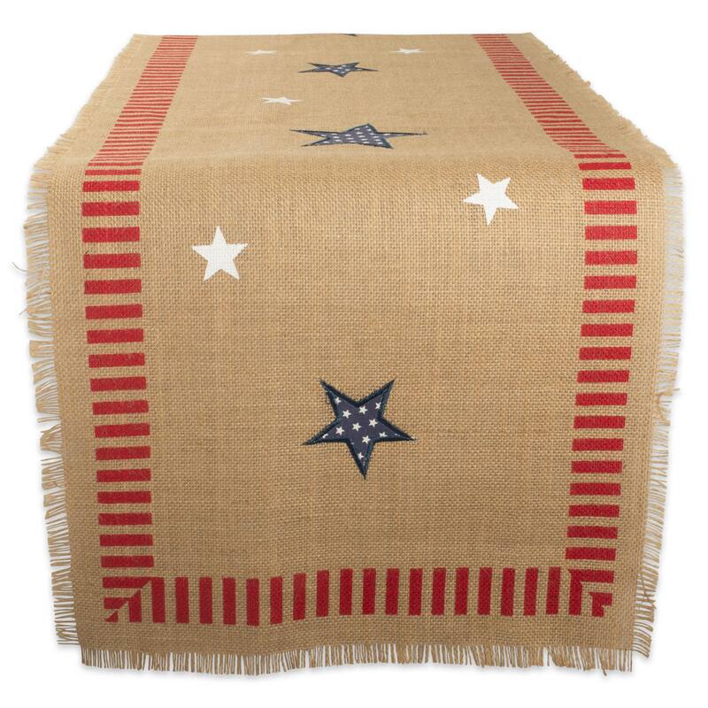 Embroidered Stars and Stripes Americana Burlap Table Runner - 74" - Beige and Red