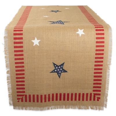 Embroidered Stars and Stripes Americana Burlap Table Runner - 74" - Beige and Red