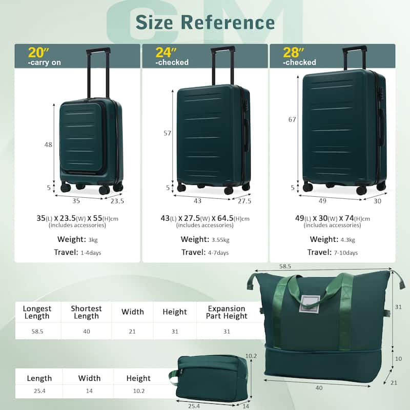 Luggage Sets 5 Piece with Front Opening, Hardside Expandable Carry On Suitcase Set with Double Spinner Wheel with USB Port