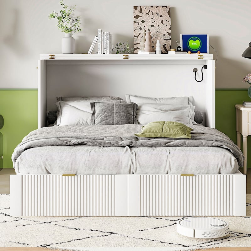 Full Size Smart Murphy Bed with Roller Skate System With Built-in USB/Outlet Charging Station & Storage Drawer