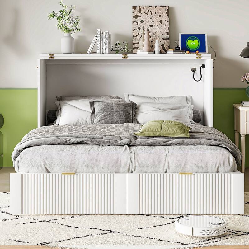 Space-Saving Queen Size Murphy Bed with Drawer, USB Ports, and Pulley Mechanism, Convertible Wall Bed with Flexible Slats