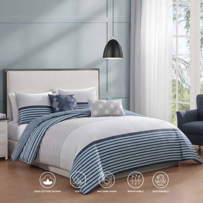 Bebejan Blue Geo Lines 100% Cotton Sateen5 Piece Reversible Comforter Set